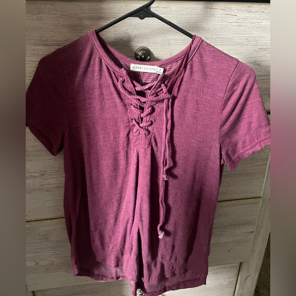 Paper Crane Women's Short Sleeve Lace-Up Top in Plum
